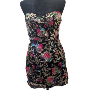 Lulus Size M Black Multi Color Sequin Floral Strapless Mini Dress Party Glam